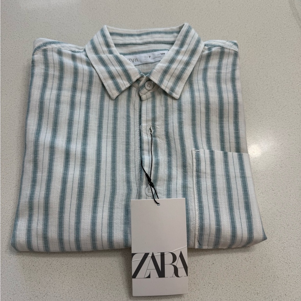 Zara Boy's Casual Green and White Striped Shirt - Picture 2 of 3